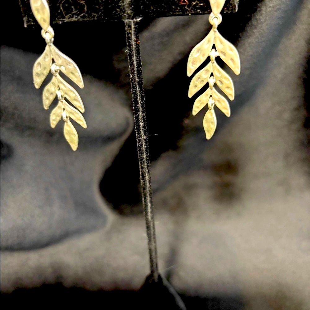 Silver Tone Leaf Dangle Earrings, 2” drop